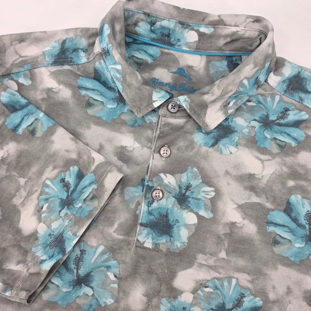Tommy Bahama Men's Floral Print Polo Shirt Large L Blue Gray Short Sleeve Beach